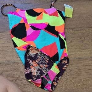 Maaji Floral And Neon Pattern One Piece Swimsuit - Purple and Pink Nwt